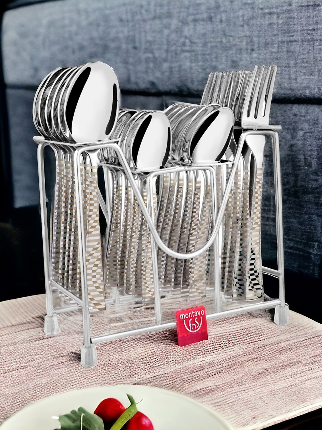 FNS Lexia Silver Toned 24 Pieces Steel Cutlery Set With Stand