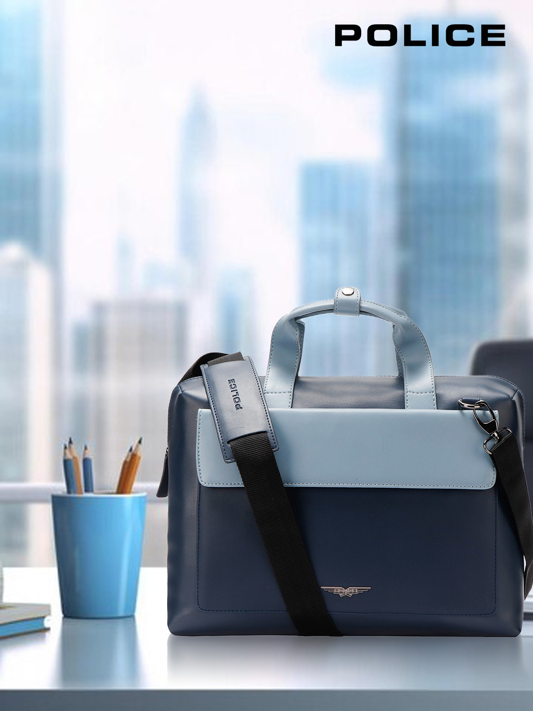 Police Unisex Colourblocked Vegan Leather Laptop Bag Up to 14 inch