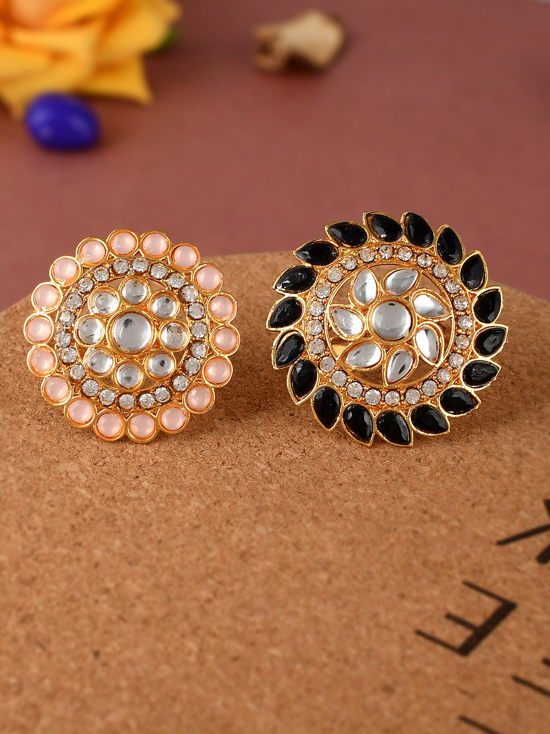 Silvermerc Designs Set Of 2 Gold-Plated Kundan-Studded Floral Rings
