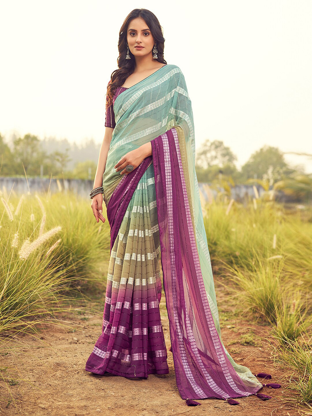 Satrani Striped Leheriya Saree with Taseels