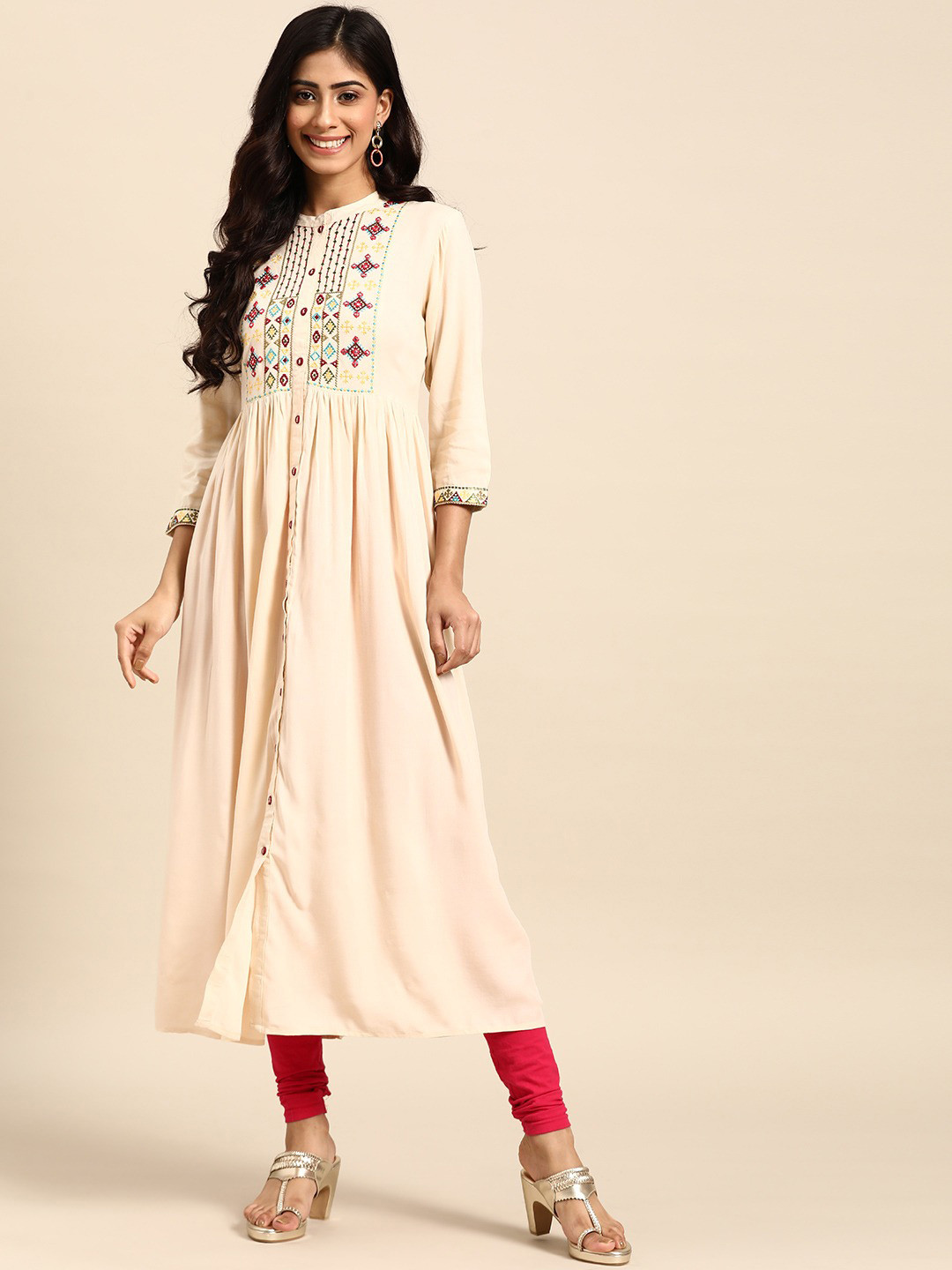 all about you Cream-Coloured Ethnic Motifs Yoke Design Thread Work Detail Anarkali Kurta