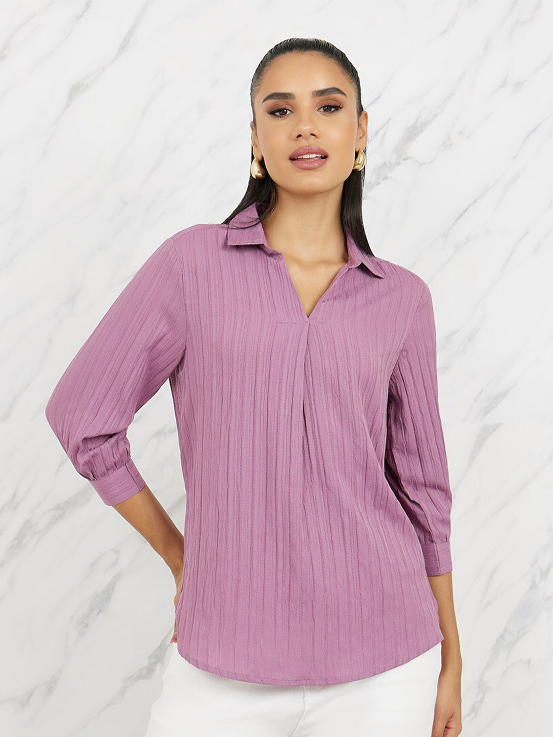 Styli Striped Textured Regular Fit Longline Shirt