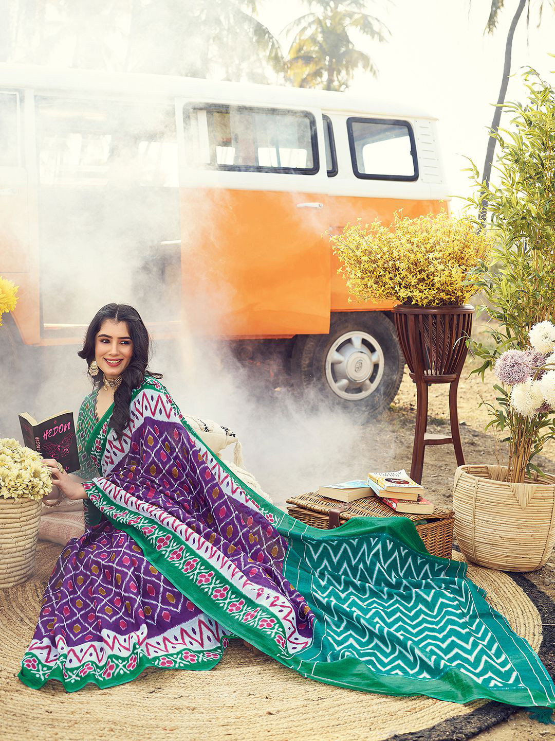 Mitera Purple & white Ethnic Motifs Printed Ikat Ready To Wear Saree