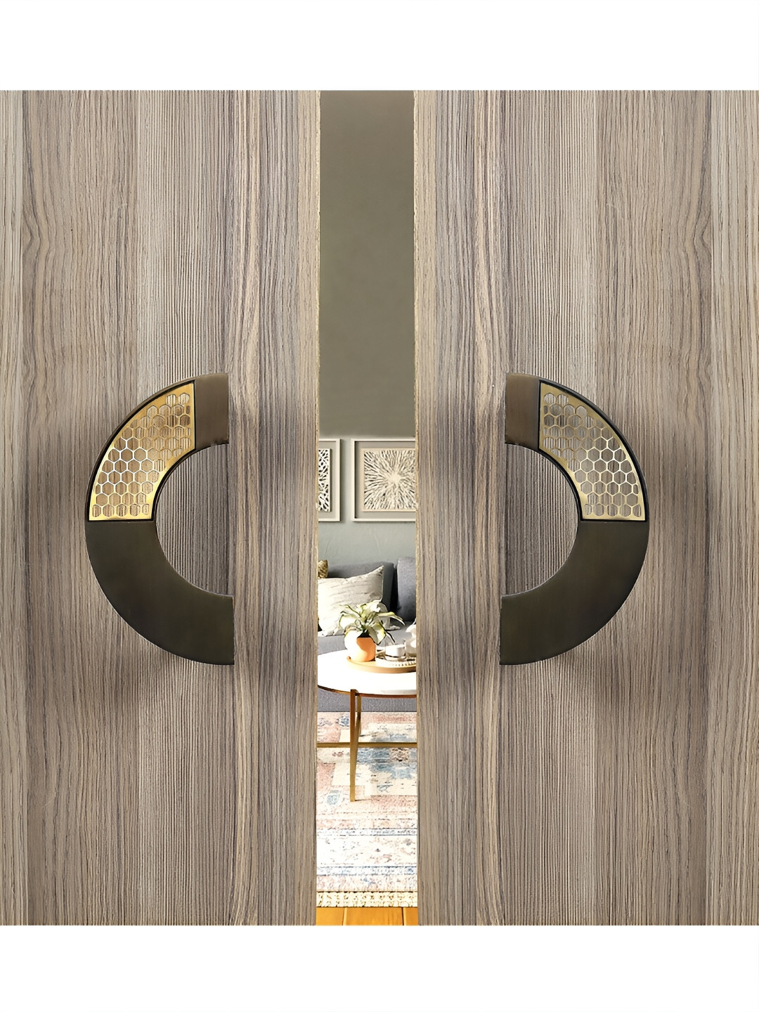 Two Moustaches Black & Gold Toned 2 Pieces Brass Matte Finish Door Handles