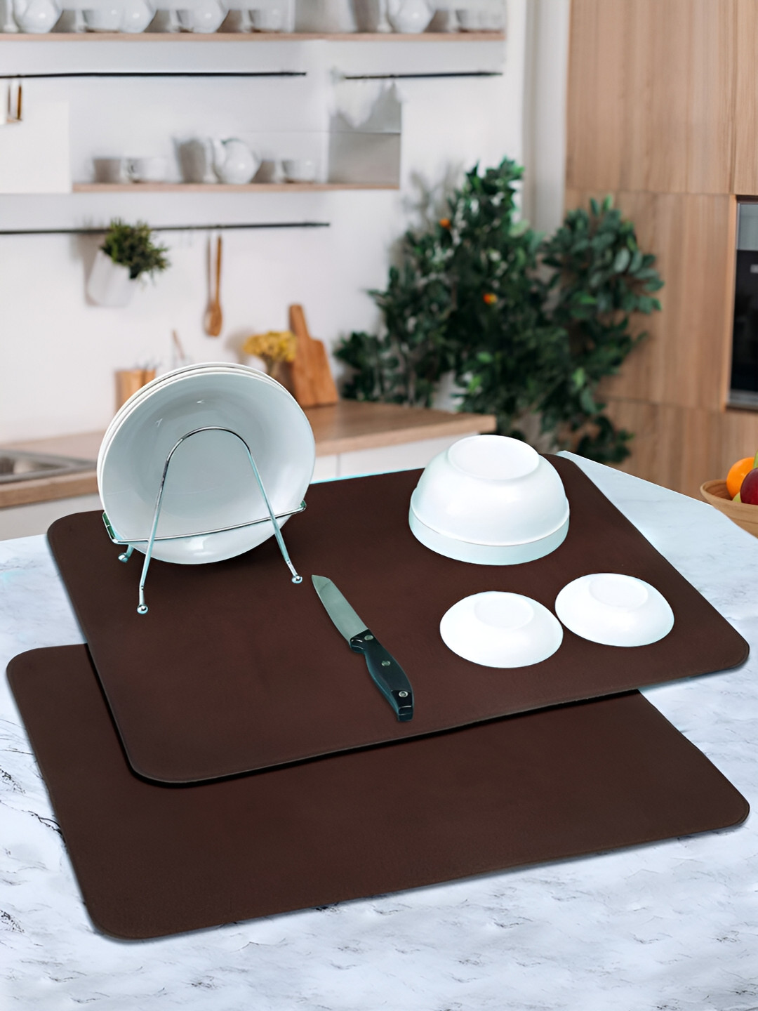 DREAM WEAVERZ Brown Set of 2 High Water Absorbent Dish Dry Mat