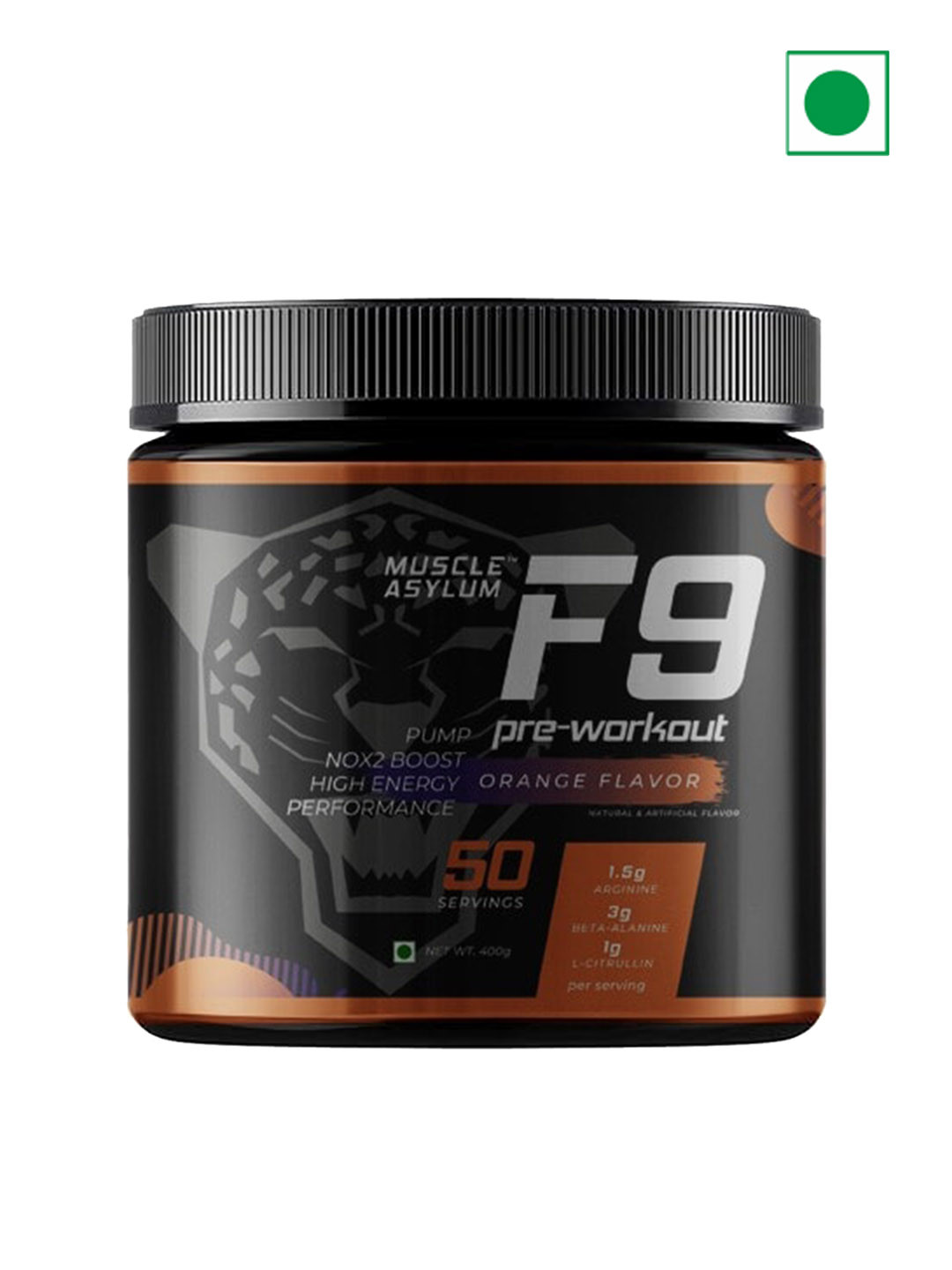 Muscle Asylum F9 Pre Workout Powder For Increase Strength - 400g  Orange Flavor