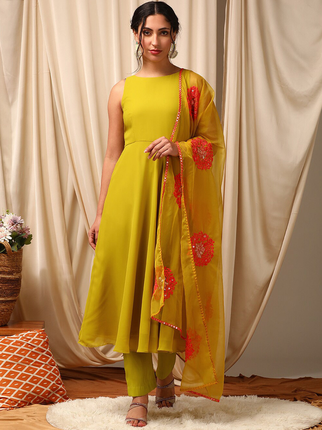 Inddus Mustard Yellow Layered Thread Work Flared Anarkali Kurta With Trousers & Dupatta