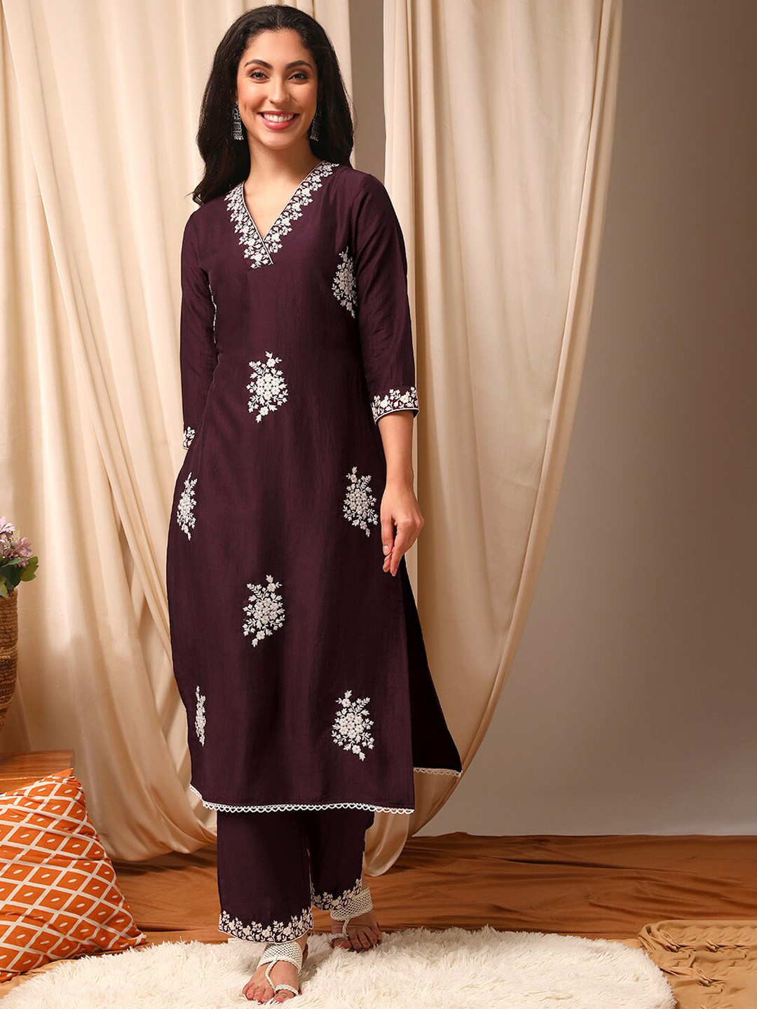 Inddus Burgundy Floral Embroidered Thread Work V-Neck Straight Kurta With Palazzo