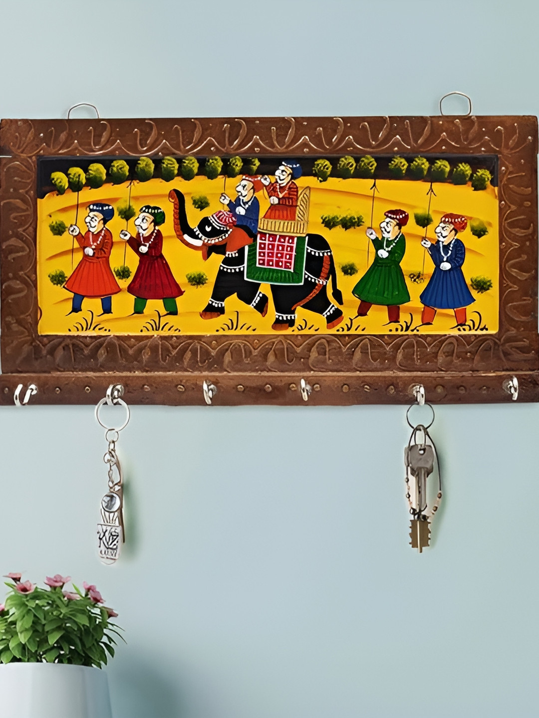 CraftVatika Yellow & Brown Printed Wooden 6 Hooks Key Holders