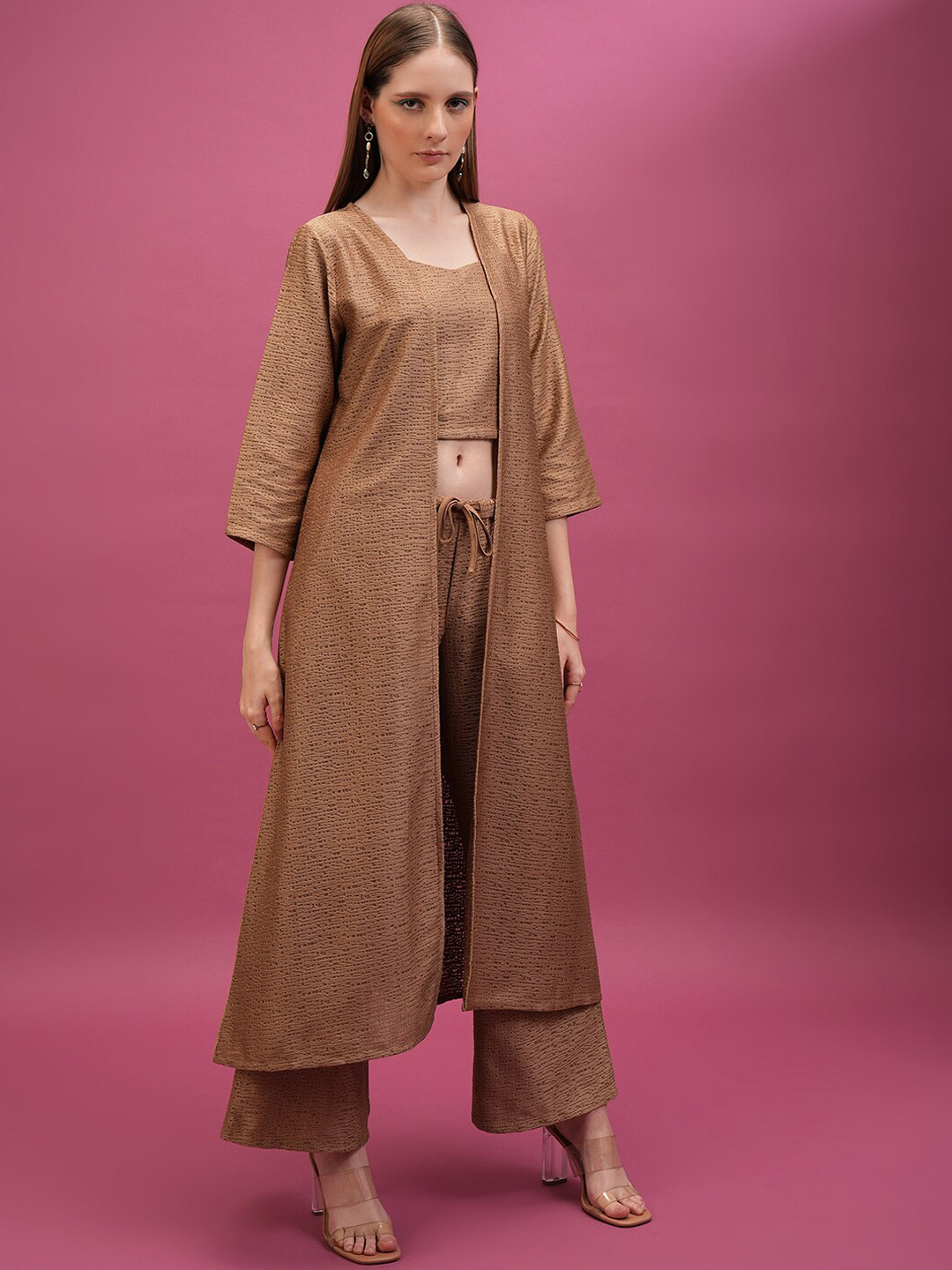 Tokyo Talkies Brown Crochet Top With Palazzo With Shrug