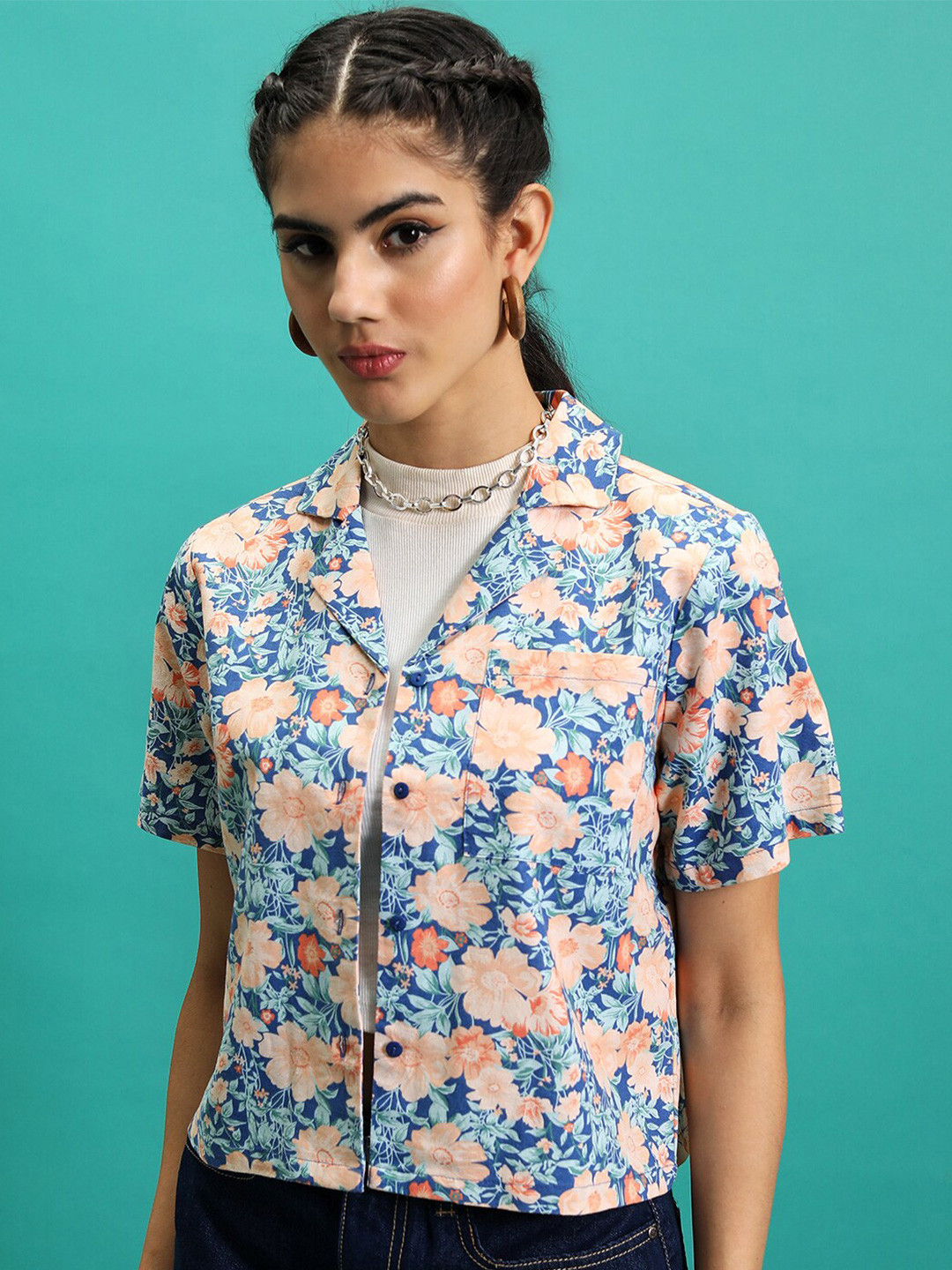 Tokyo Talkies Blue & Peach Floral Printed Cuban Collar Cotton Shirt Style Crop Top