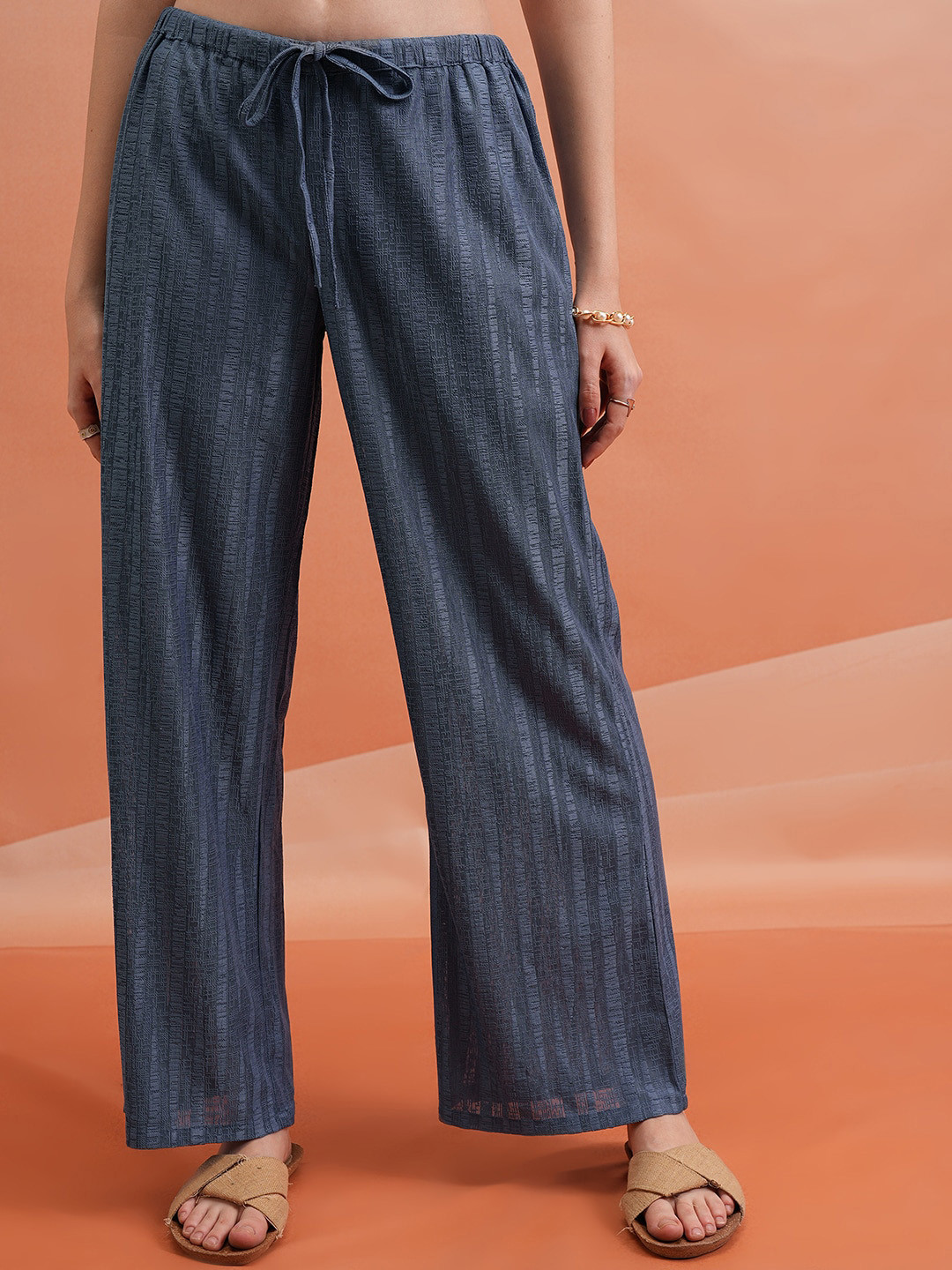 Tokyo Talkies Women Navy Blue Textured Flared Parallel Trousers