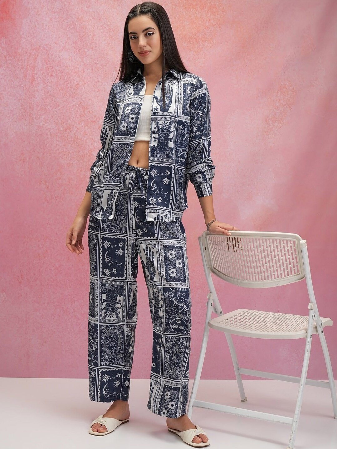 Tokyo Talkies Navy Blue Printed Shirt With Wide-Leg Trousers