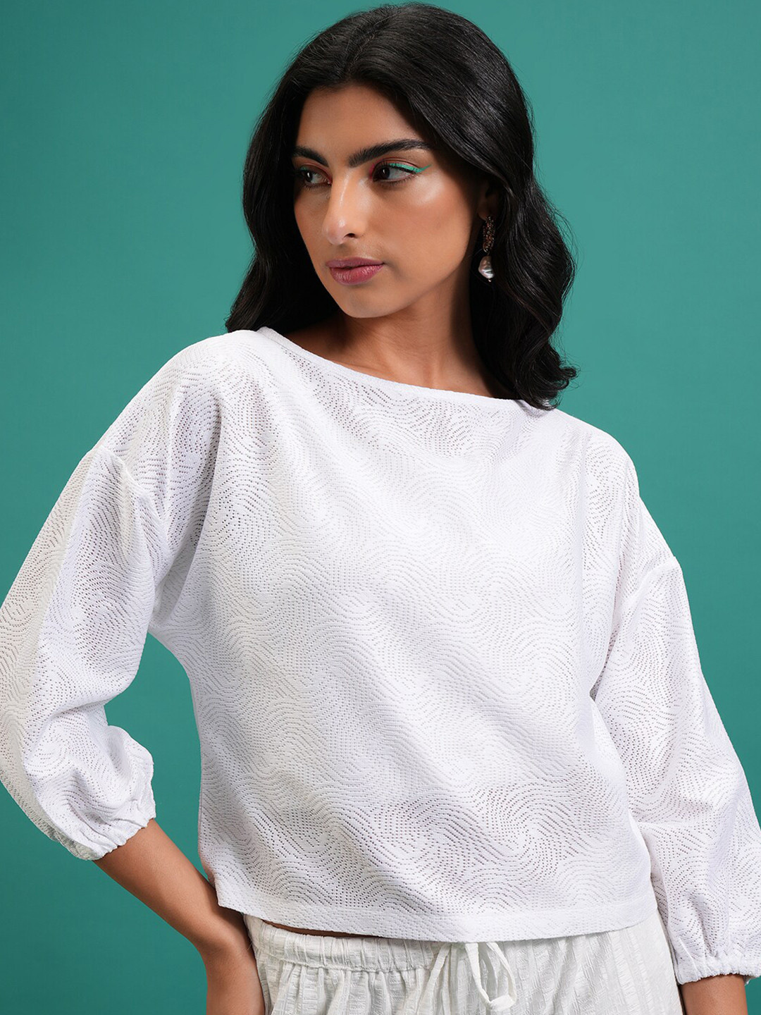 Tokyo Talkies White Self Design Boat Neck Puff Sleeves Crochet Top
