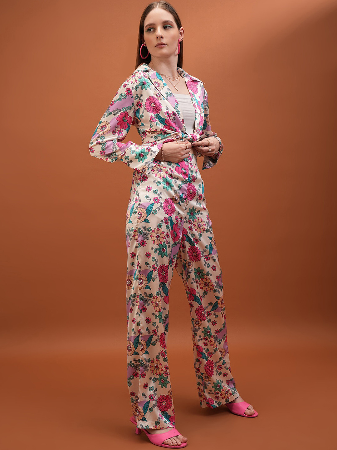 Tokyo Talkies Off-White Floral Printed Satin Top With Trousers
