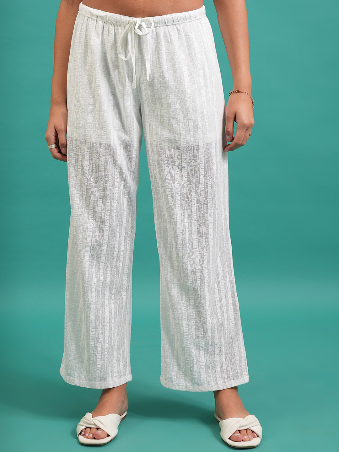 Tokyo Talkies Women White Textured Flared Parallel Trousers