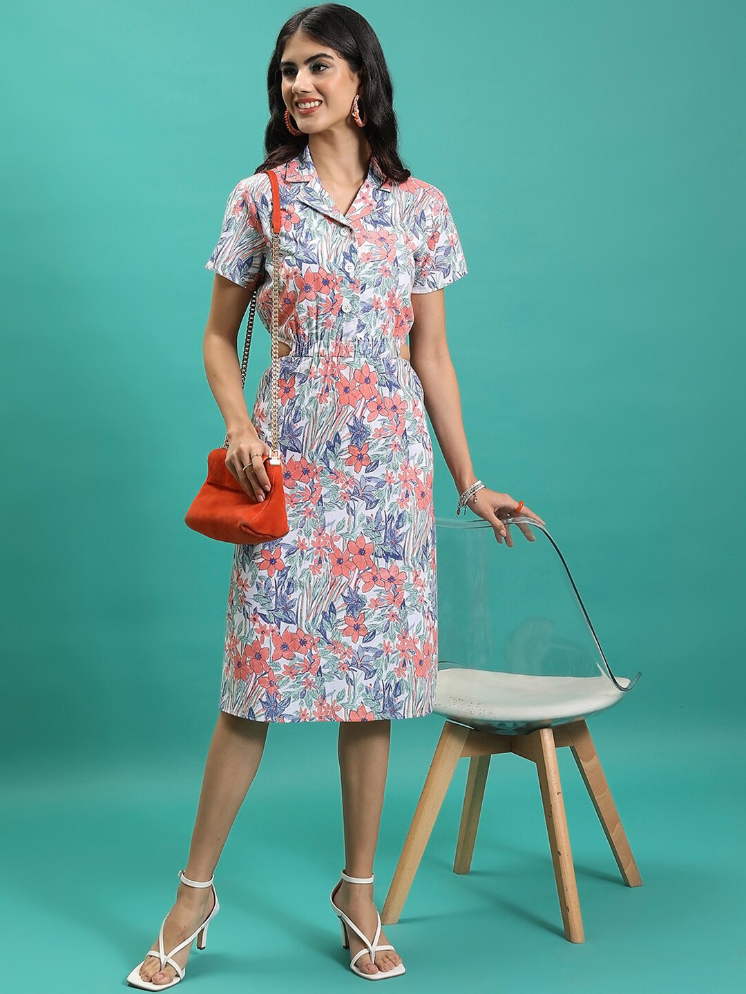 Tokyo Talkies White Floral Printed Lapel Collar Short Sleeves A-Line Midi Dress