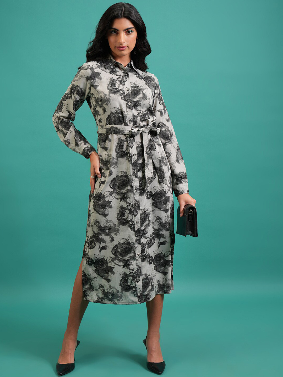 Tokyo Talkies Grey Floral Printed Cuffed Sleeves Midi Shirt Dress
