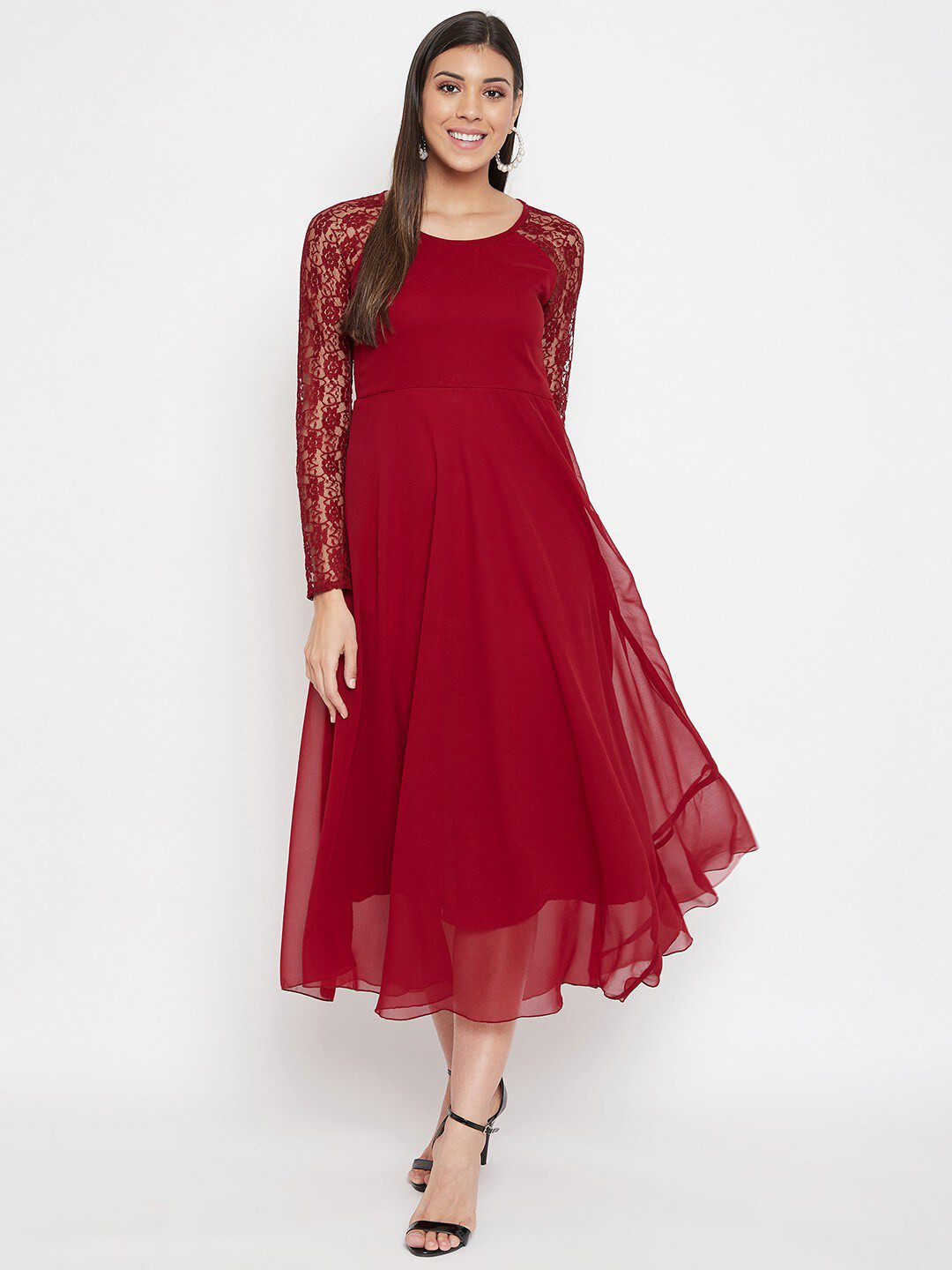 HELLO DESIGN Self Design Round Neck Long Sleeves Georgette Fit & Flare Midi Dress