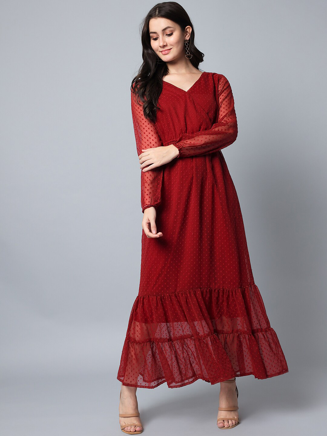 HELLO DESIGN Self Design V-Neck Long Sleeves Georgette Maxi Dress