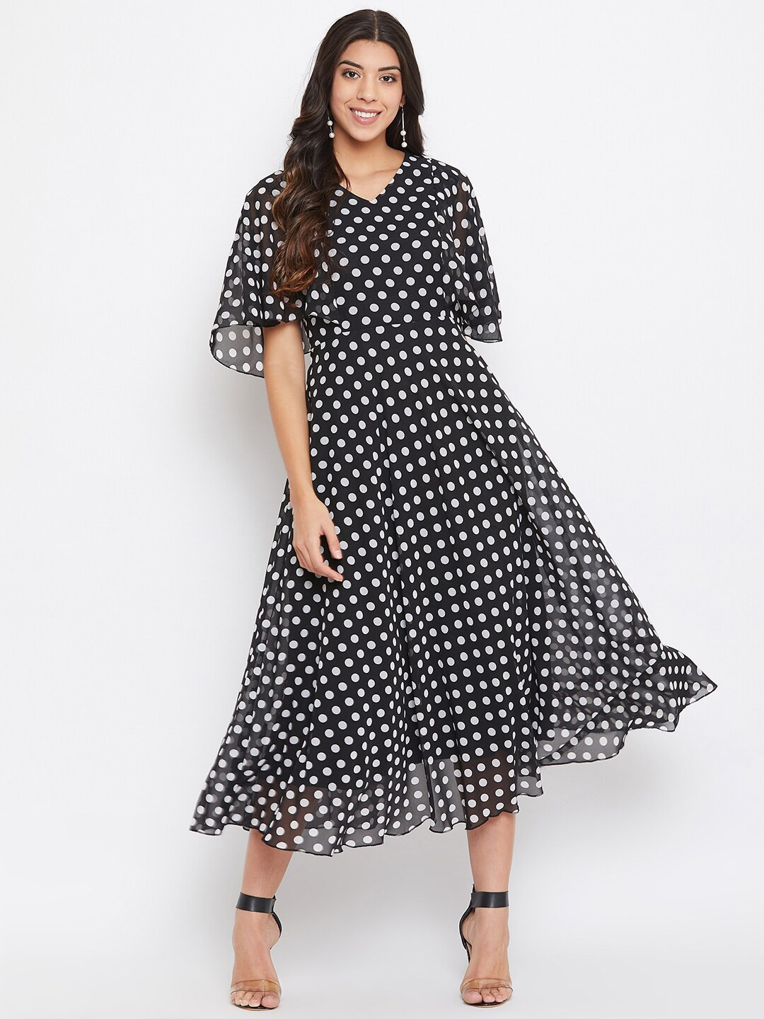 HELLO DESIGN Polka Dot Print Flared Sleeve Ruffled Georgette Fit & Flare Midi Dress