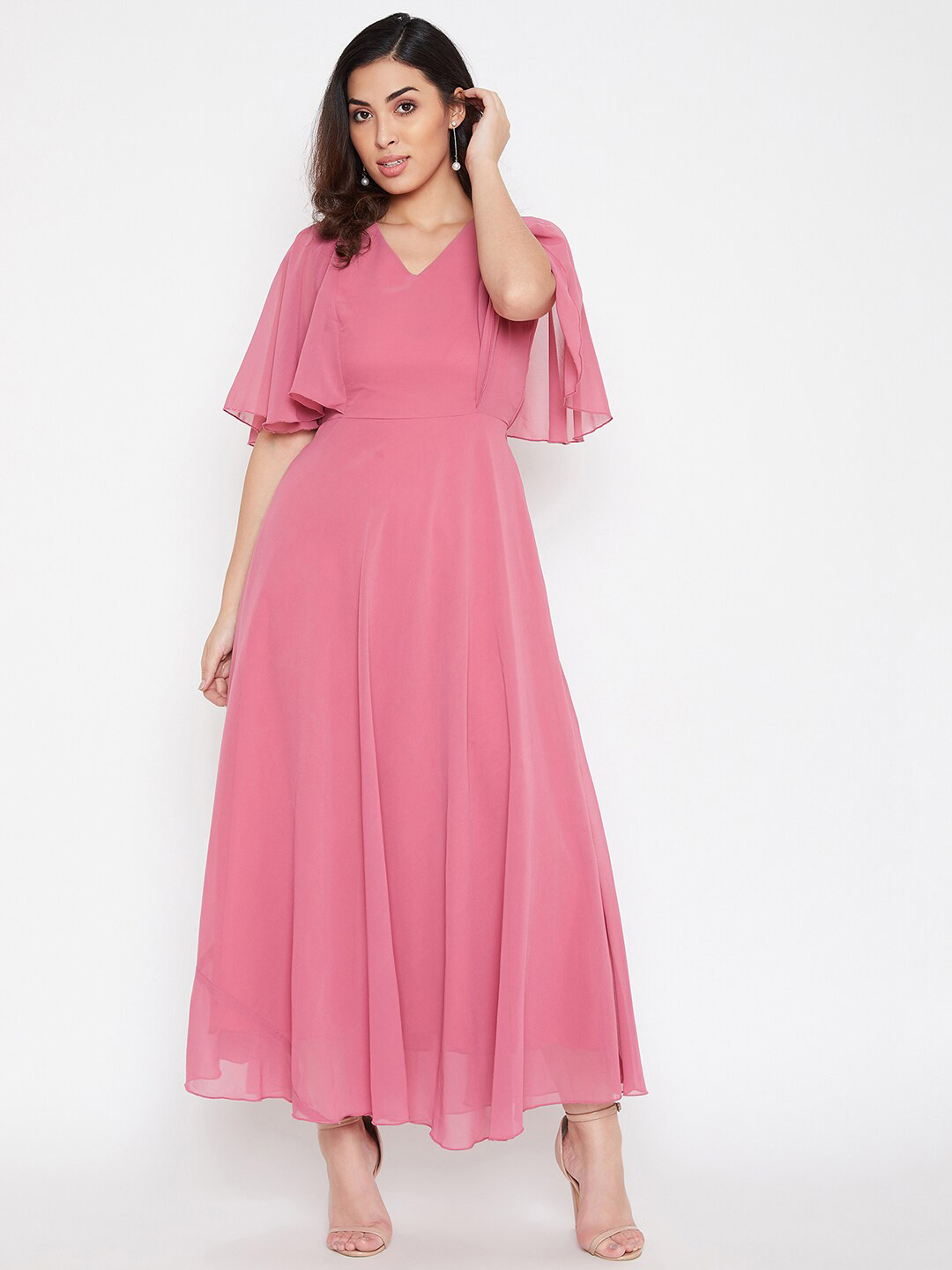 HELLO DESIGN V-Neck Short Flared Sleeve Georgette Maxi Dress