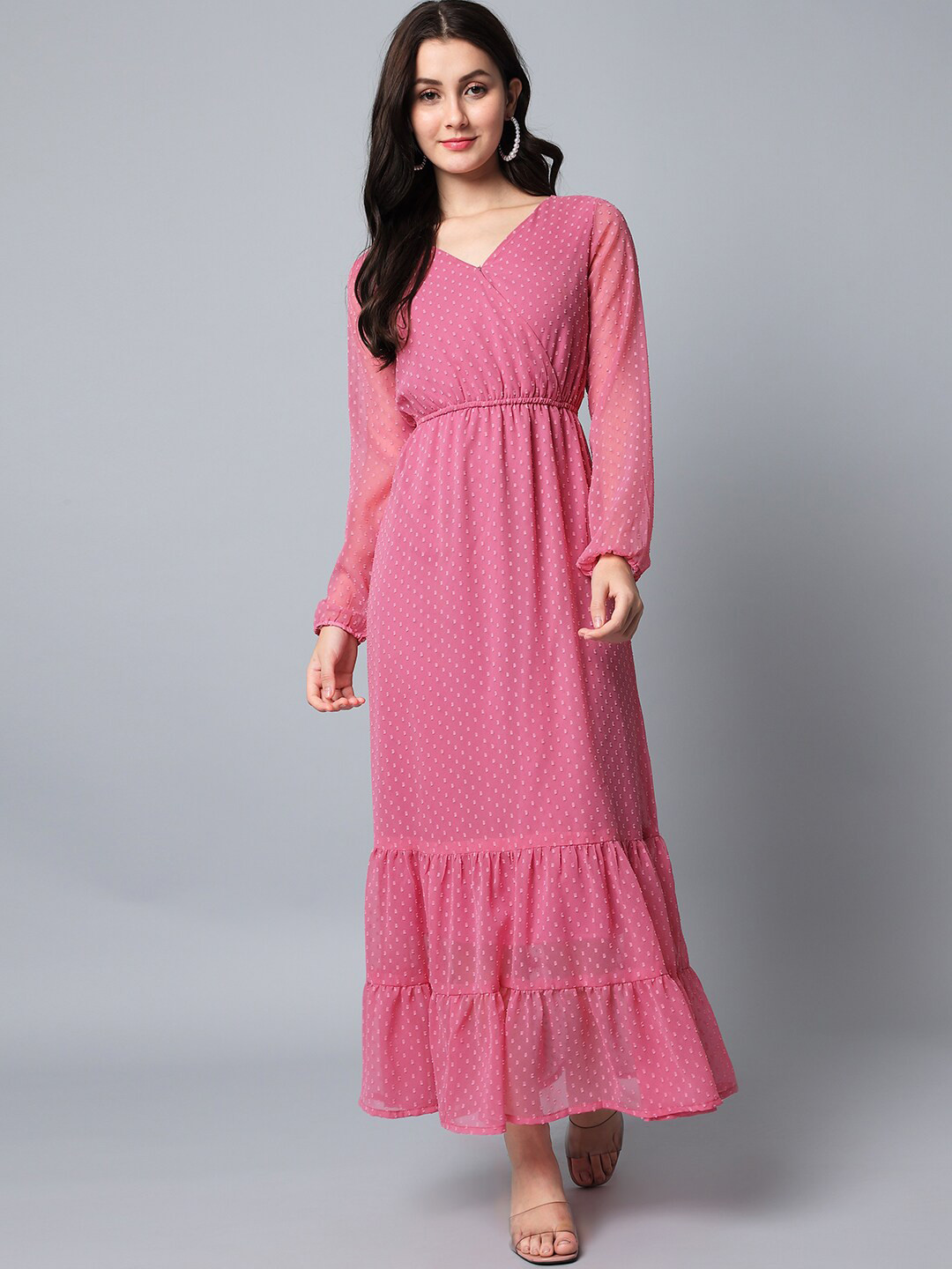 HELLO DESIGN Self Design V-Neck Log Puff Sleeve Georgette Maxi Dress