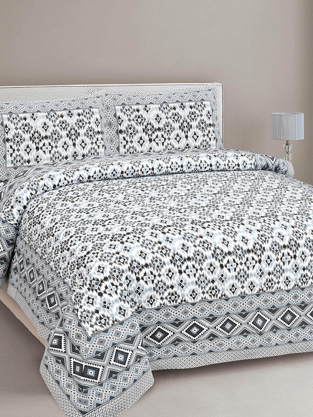 Feels Like Home Grey Ethnic Motifs Cotton 160 TC King Bedsheet with 2 Pillow Covers-108 x 93 inches