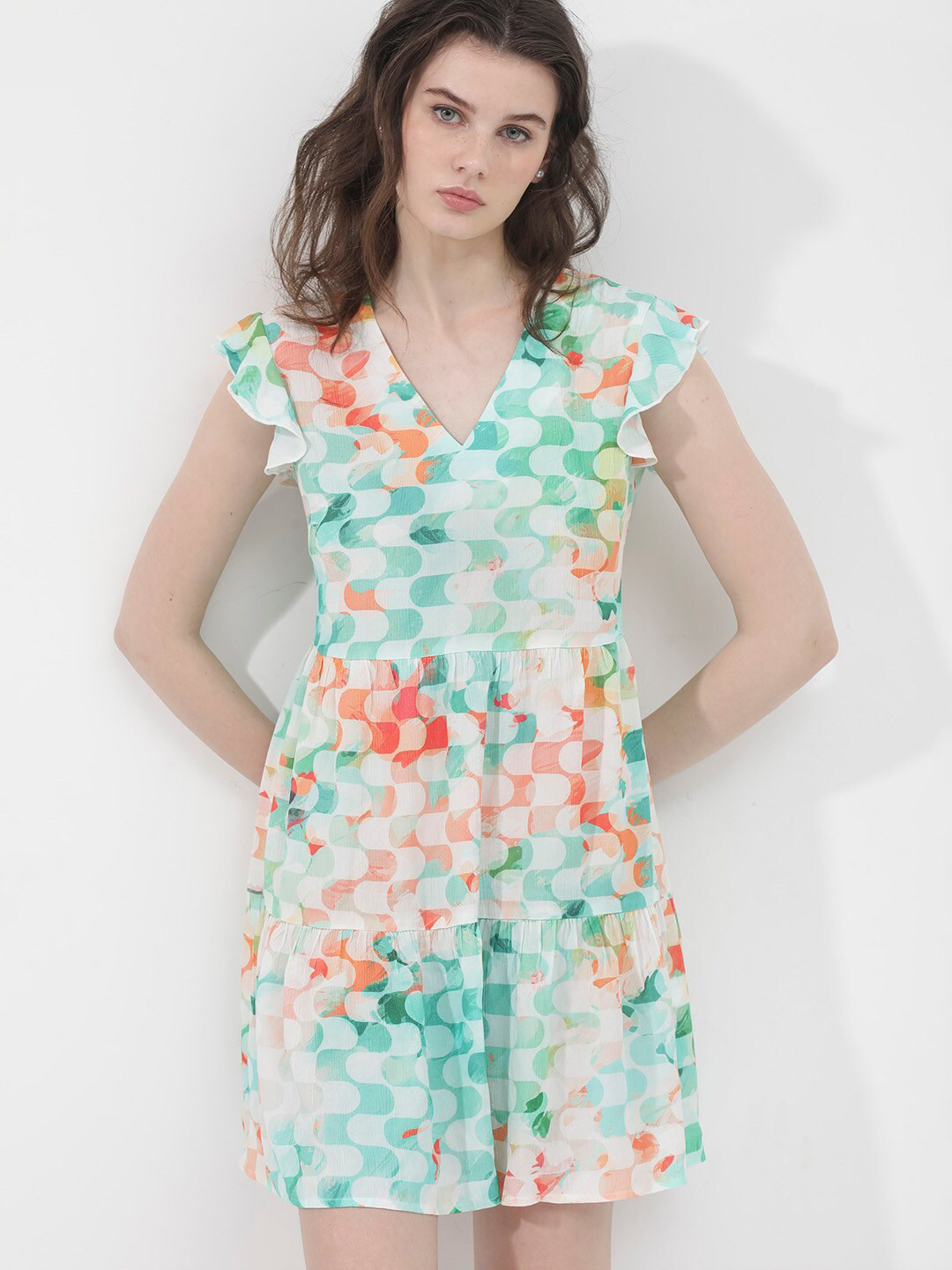 RAREISM Women Multi Fit And Flare Fit Ruffled Sleeve V-Neck Dress