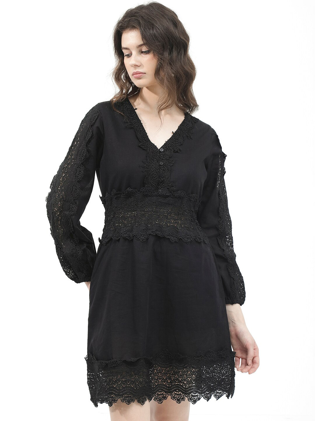 RAREISM V Neck Long Sleeves Linen Sheath Dress