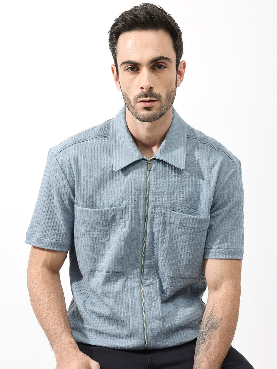 RARE RABBIT Men Loomz Boxy Spread Collar Opaque Checked Shirt