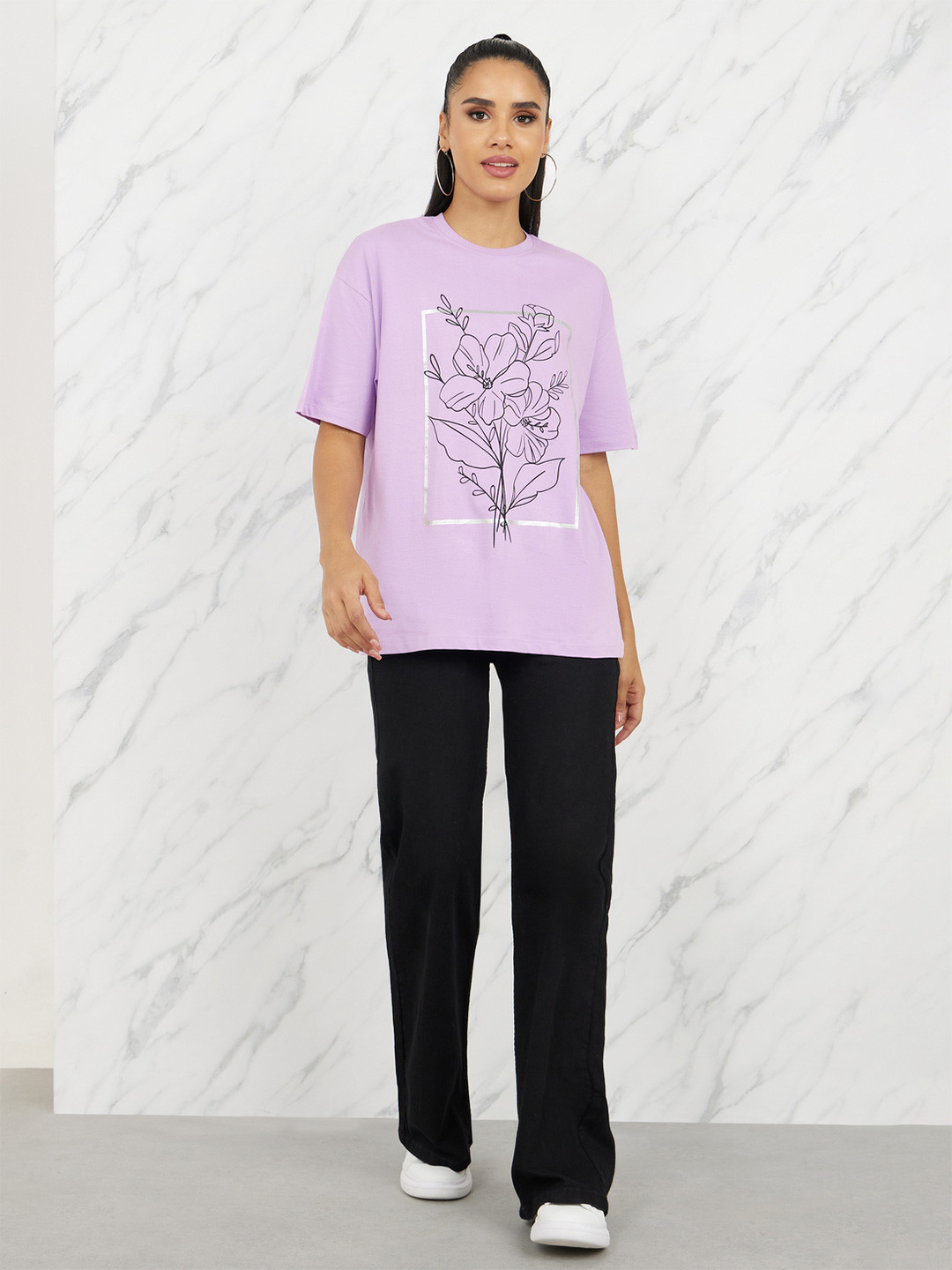 Styli Floral Printed Longline Oversized T-shirt
