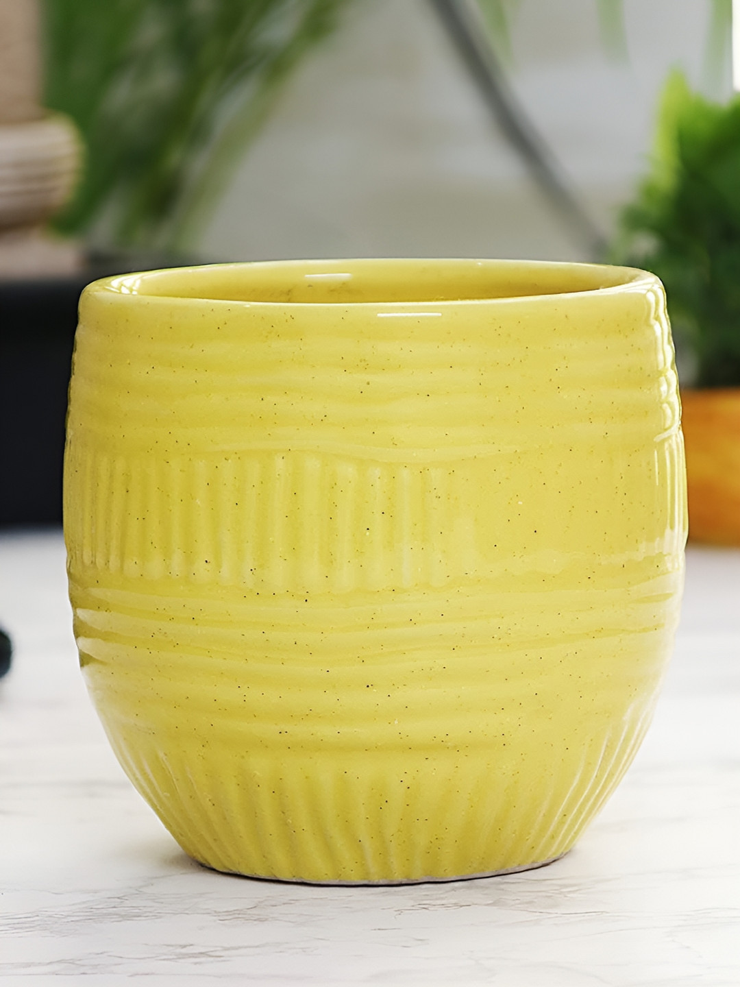 Leafy Tales Yellow Textured Ceramic Planter