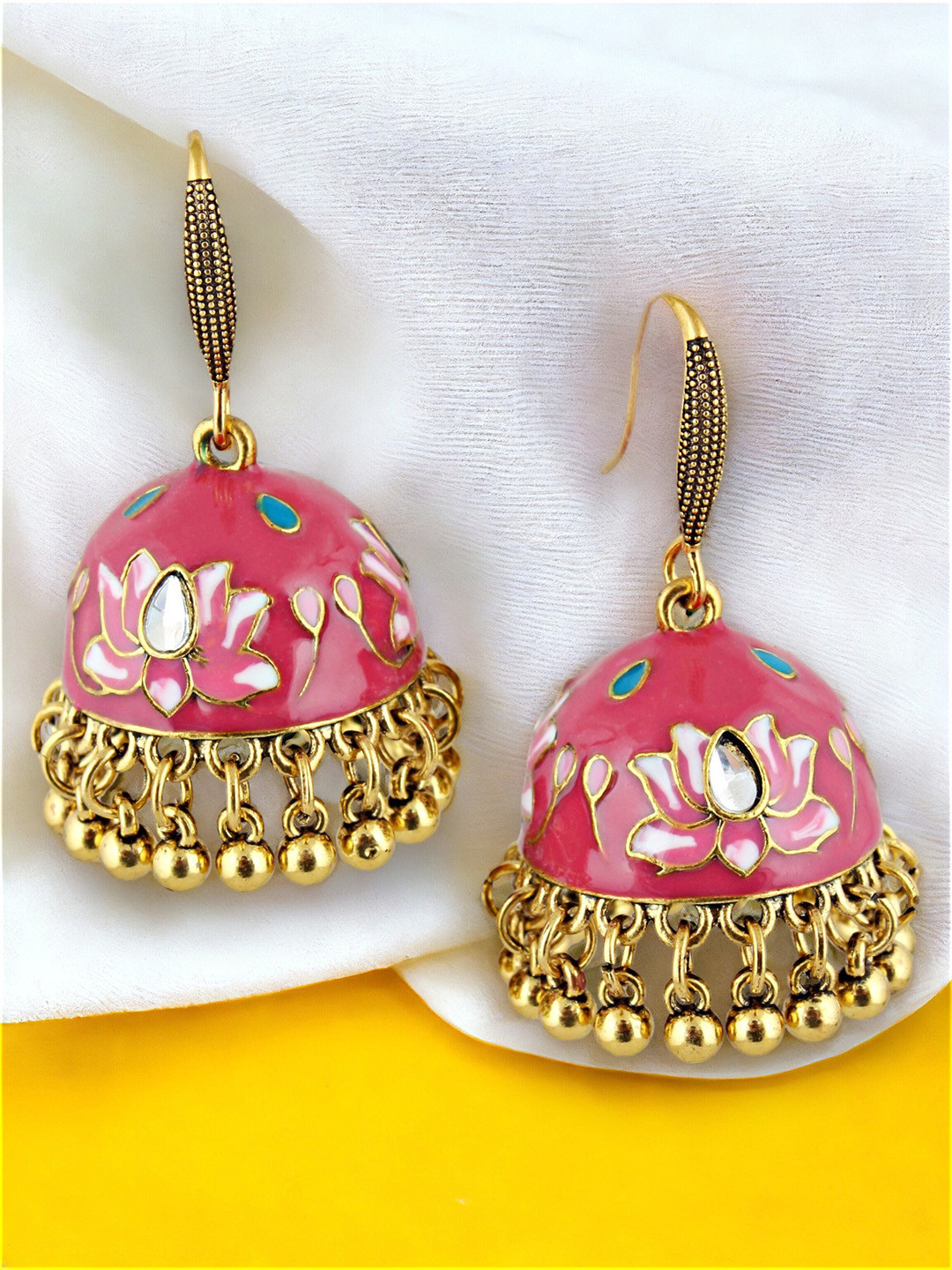 LUCKY JEWELLERY Gold-Plated Kundan Meenakari Contemporary Jhumkas