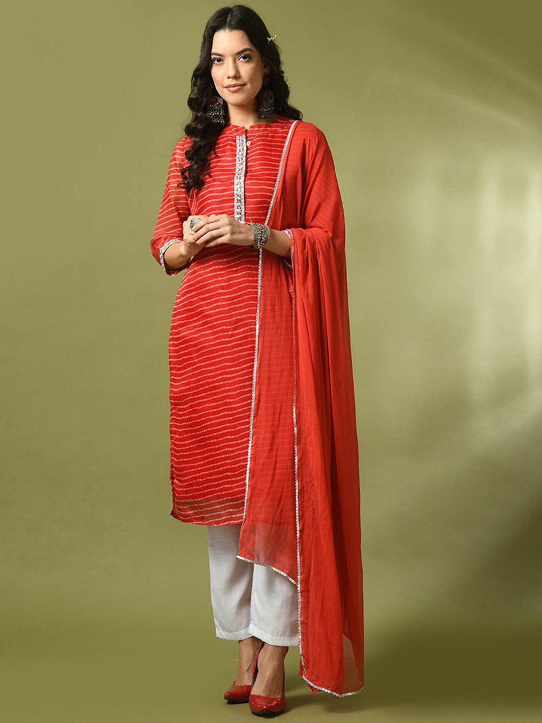 Sangria Striped Kota Straight Kurta With Trousers & Dupatta
