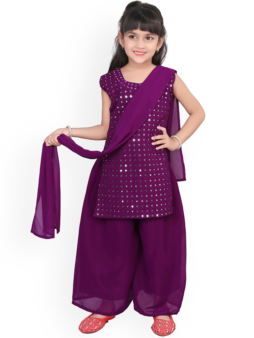 BAESD Girls Embroidered Regular Mirror Work Straught Kurta With Palazzos & Dupatta