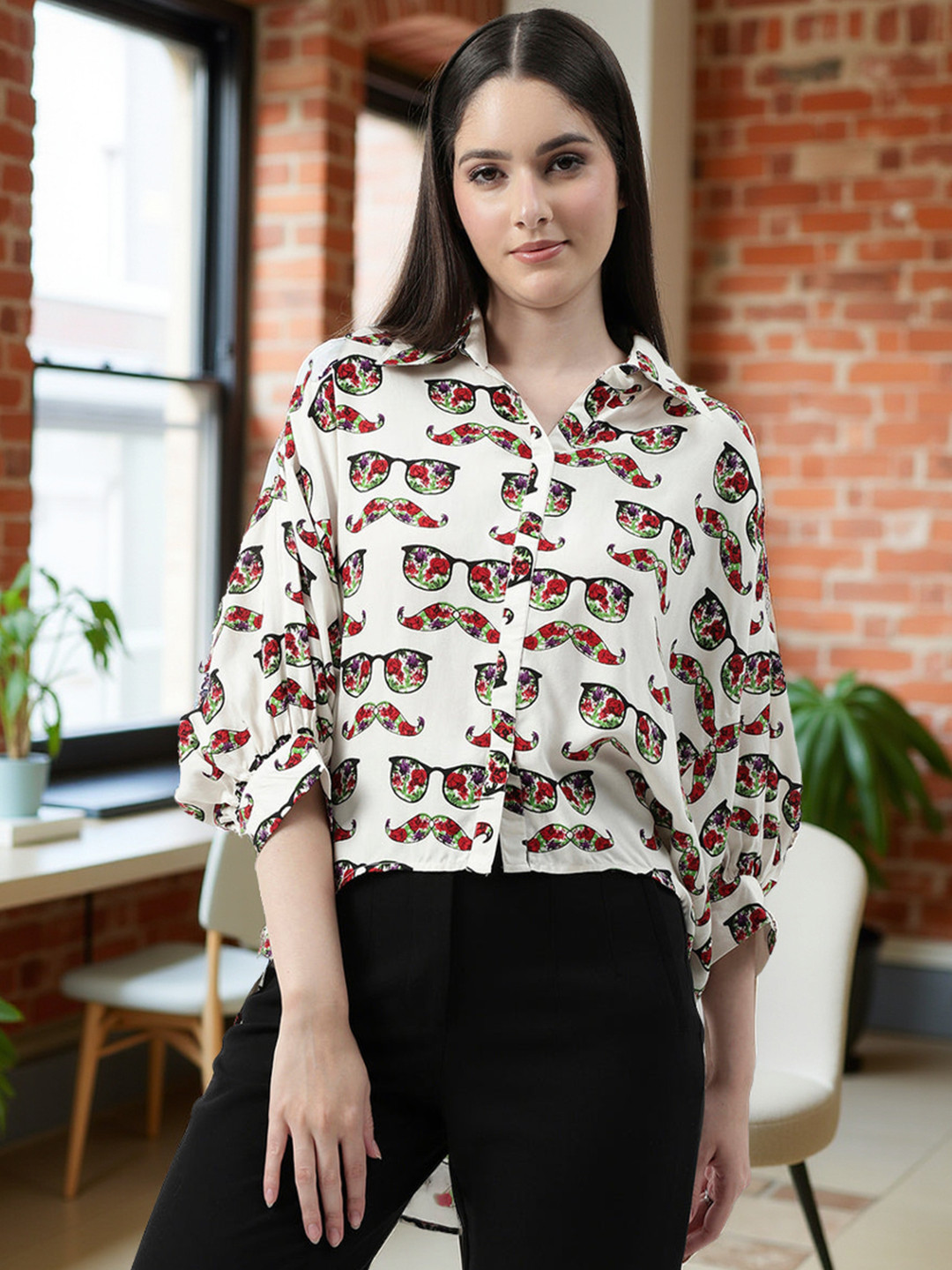 Pannkh Floral Printed Mandarin Collar Cuffed Sleeves High-Low Shirt Top