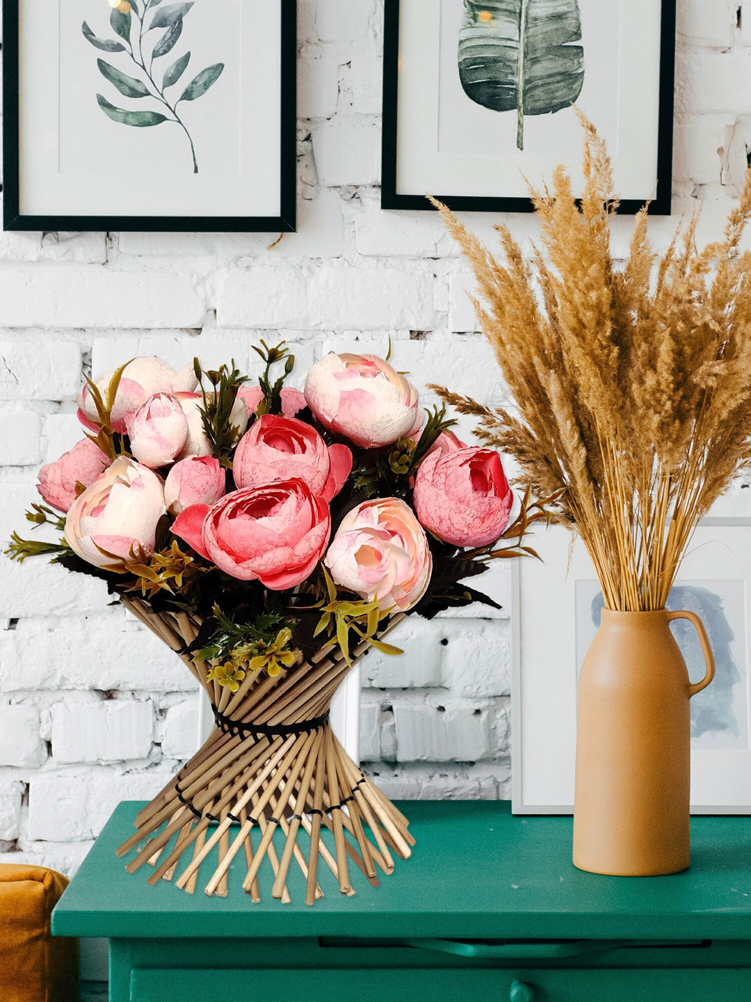 ARTSY Pink Green 2 Pieces Poinsettia Artificial Flowers