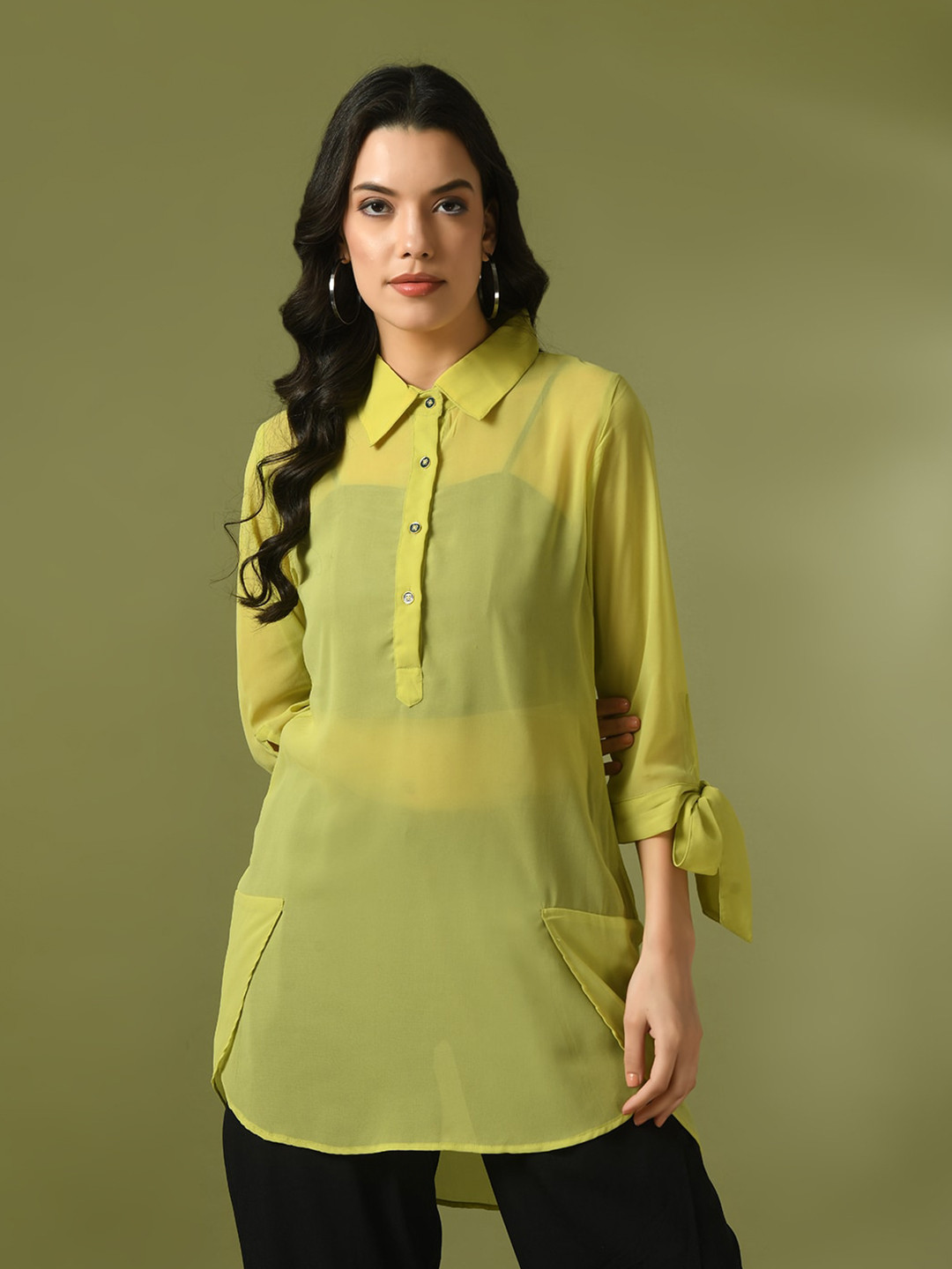 Sangria Shirt Collar Semi Sheer Longline Tunic