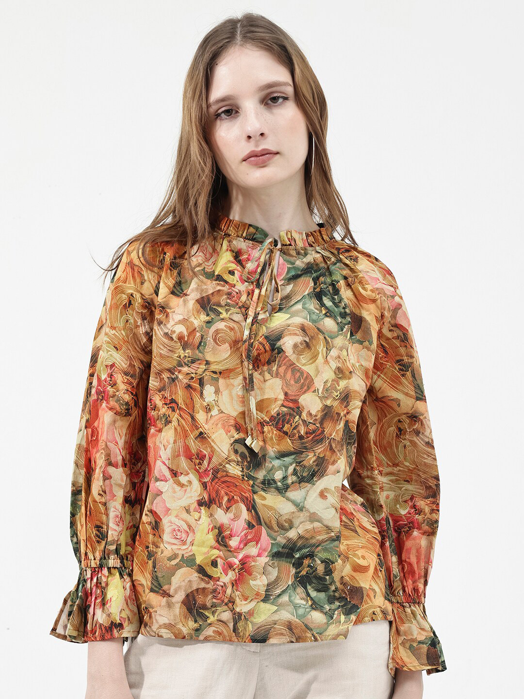 RAREISM Floral Printed Tie-Up Neck Bell Sleeve Styled Back Top