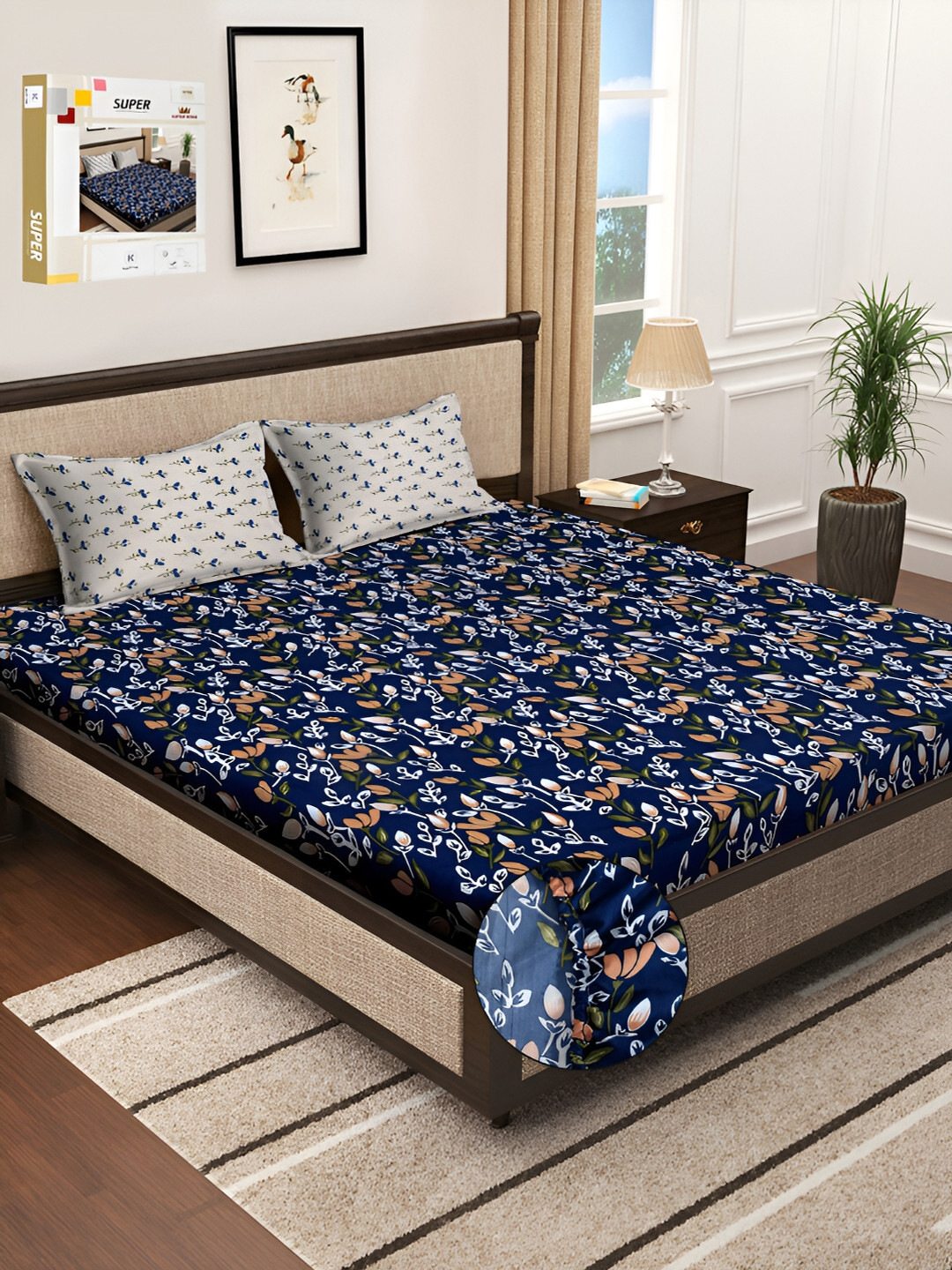 KLOTTHE Book Fold Blue Floral Polycotton Soft Feel 300 TC Fitted Double Fine Bedsheet with 2 Pillow Covers-106 x 106 inches