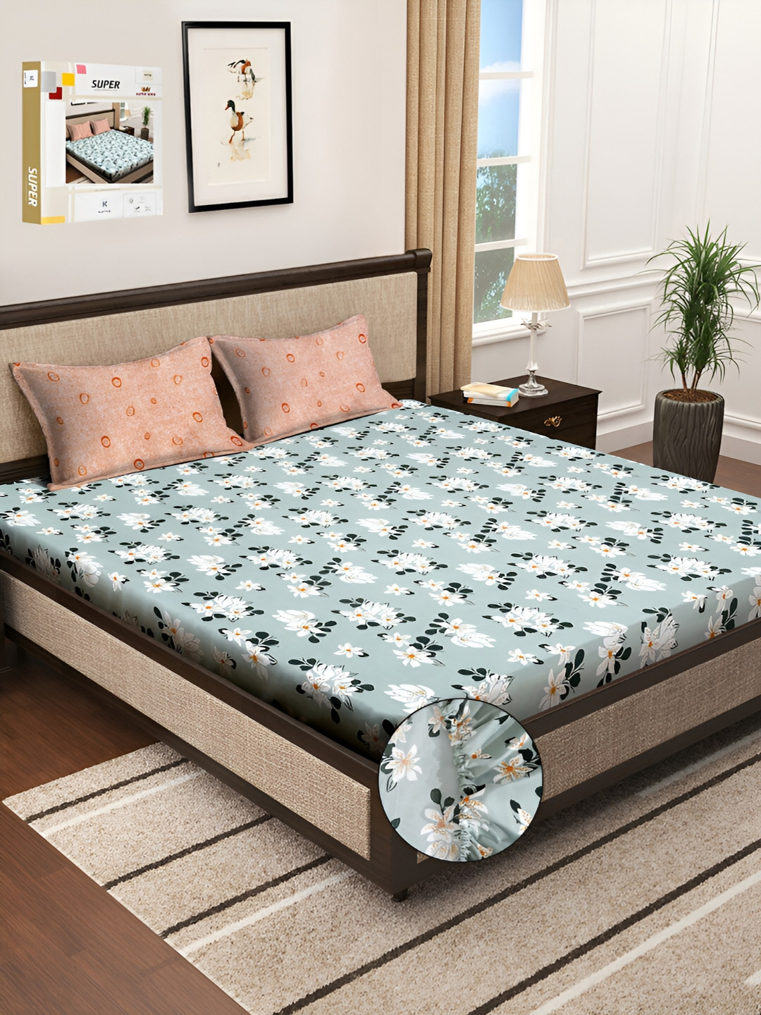 KLOTTHE Day Night Collection Green Floral Cotton 300 TC Fitted King Fine Bedsheet with 2 Pillow Covers-106 x 106 inches