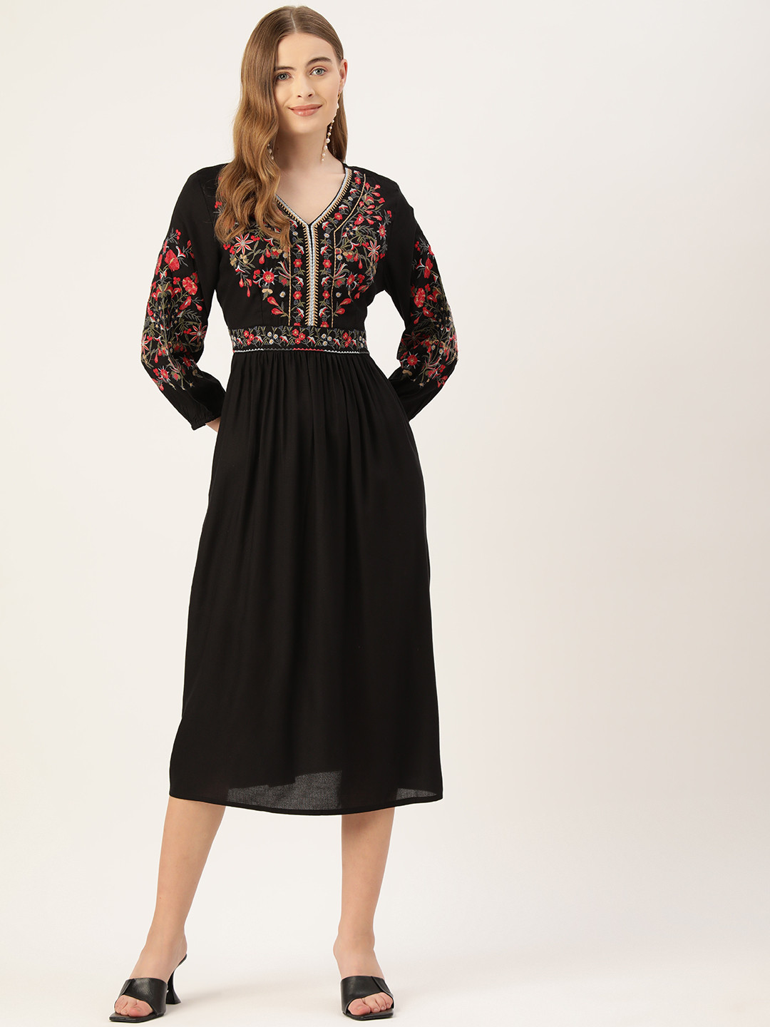 MISRI Floral Embroidered Puff Sleeves Fit & Flare Midi Dress