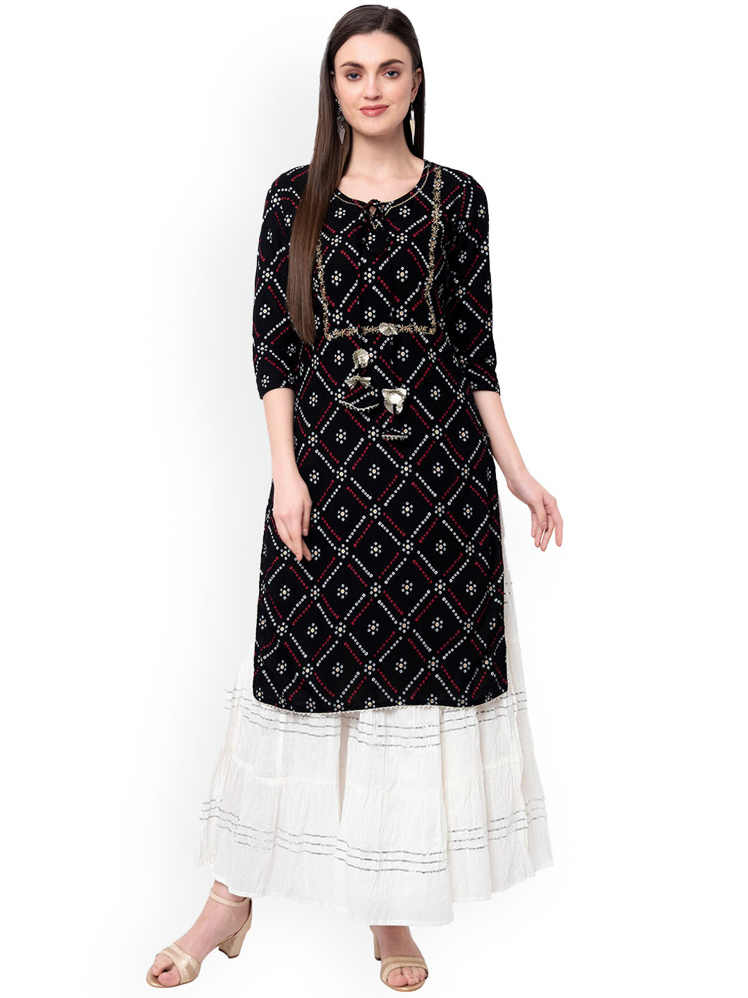 Sanganeri Kurti Tie Up Neck Bandhani Printed Straight Kurta with Skirt