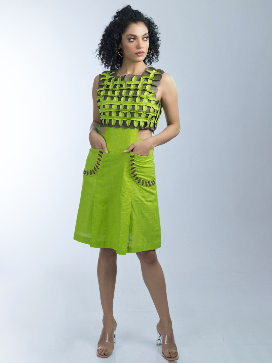 FIRKI Print Self Design Sleeveless Cut Out A-Line Dress