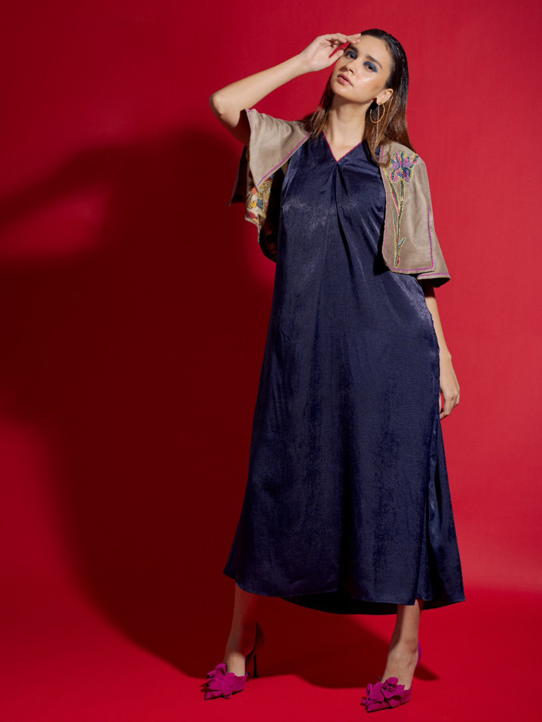 FIRKI Satin Pleated A-Line Midi Dress With Cape