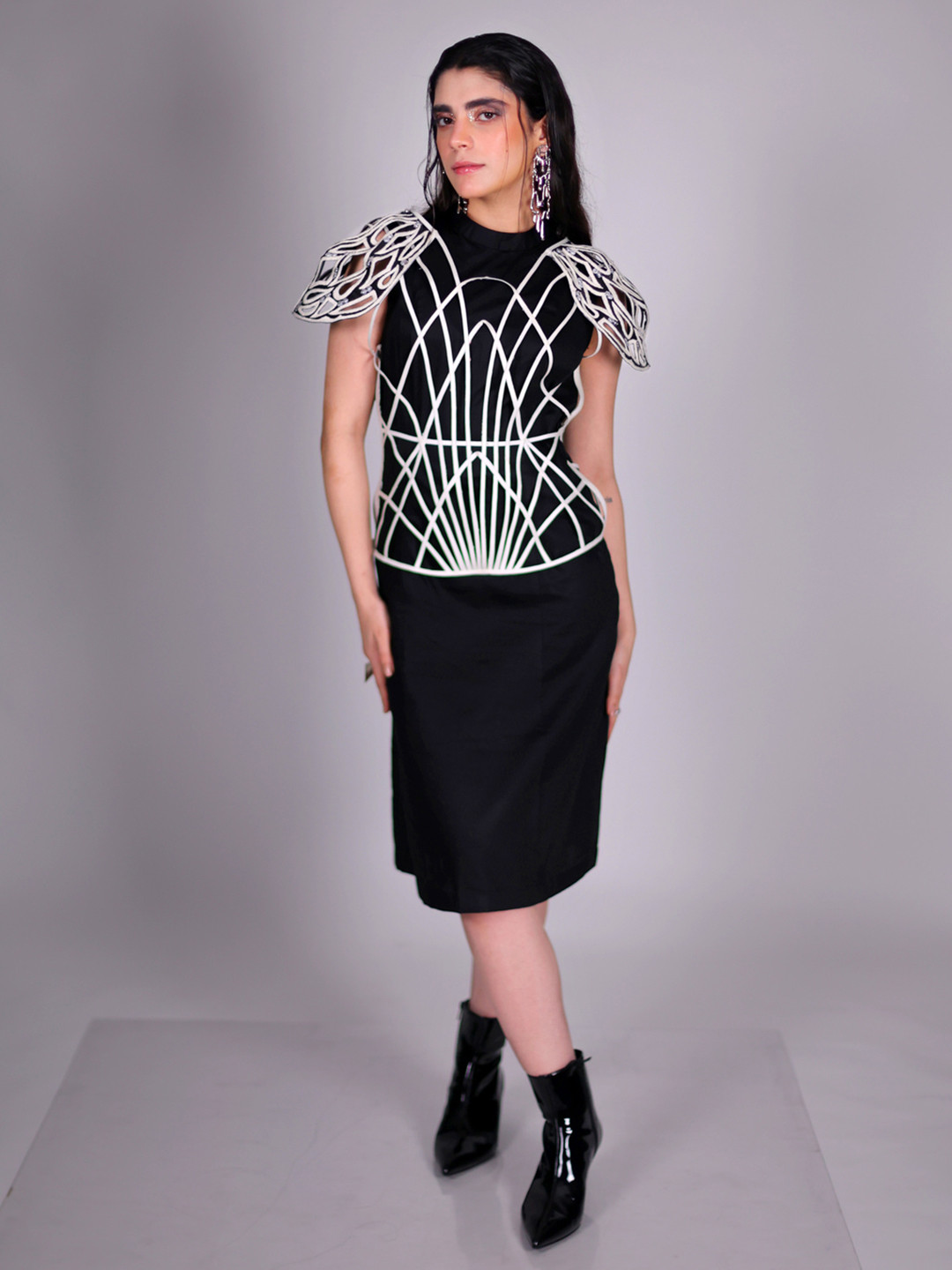 FIRKI Self Design Mock Neck Cap Sleeves Sheath Dress