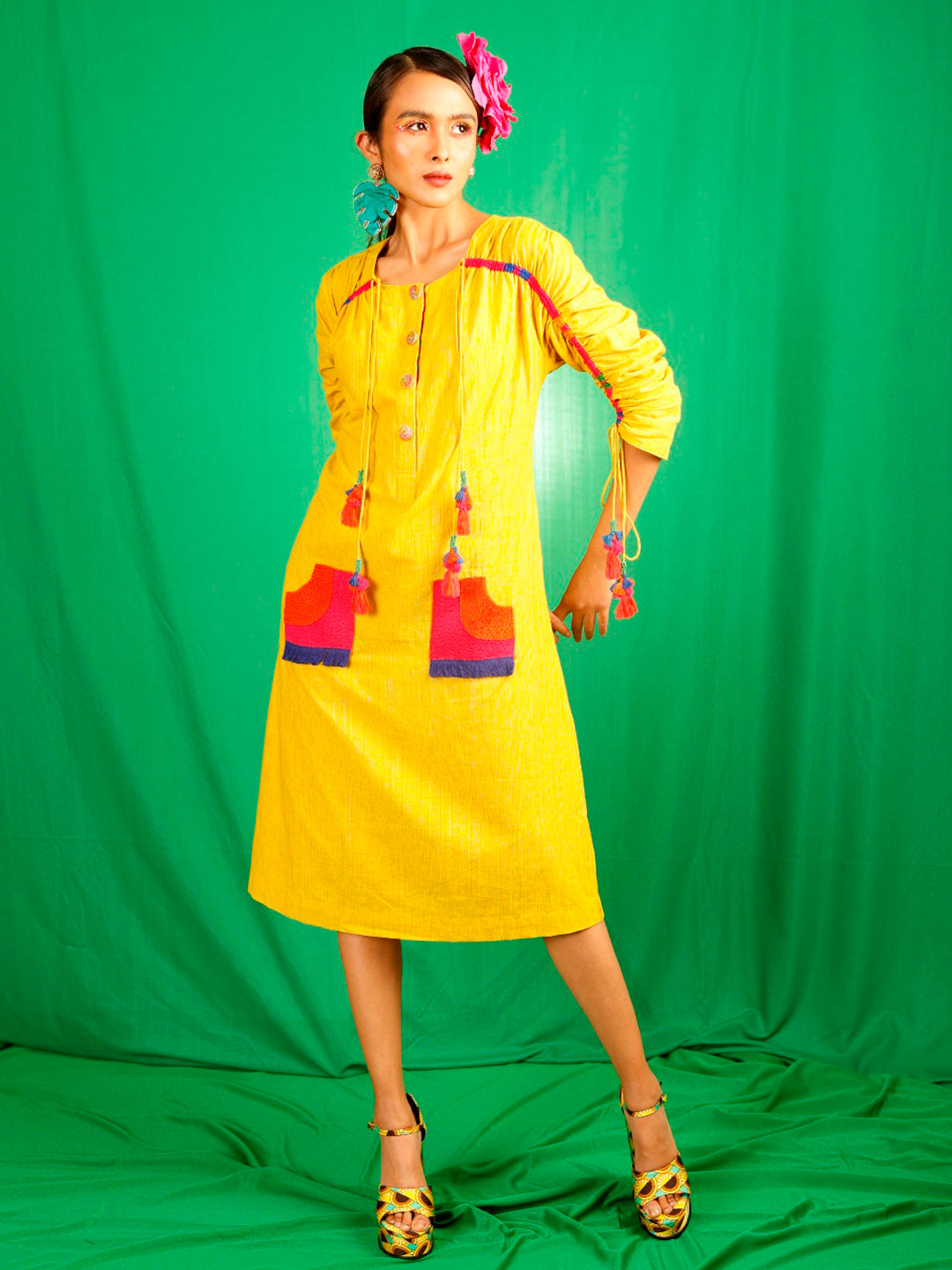 FIRKI Ruched Applique A-Line Dress