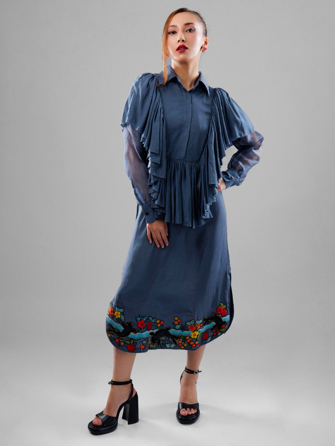 FIRKI Conversational Embroidered Ruffled Shirt Midi Dress