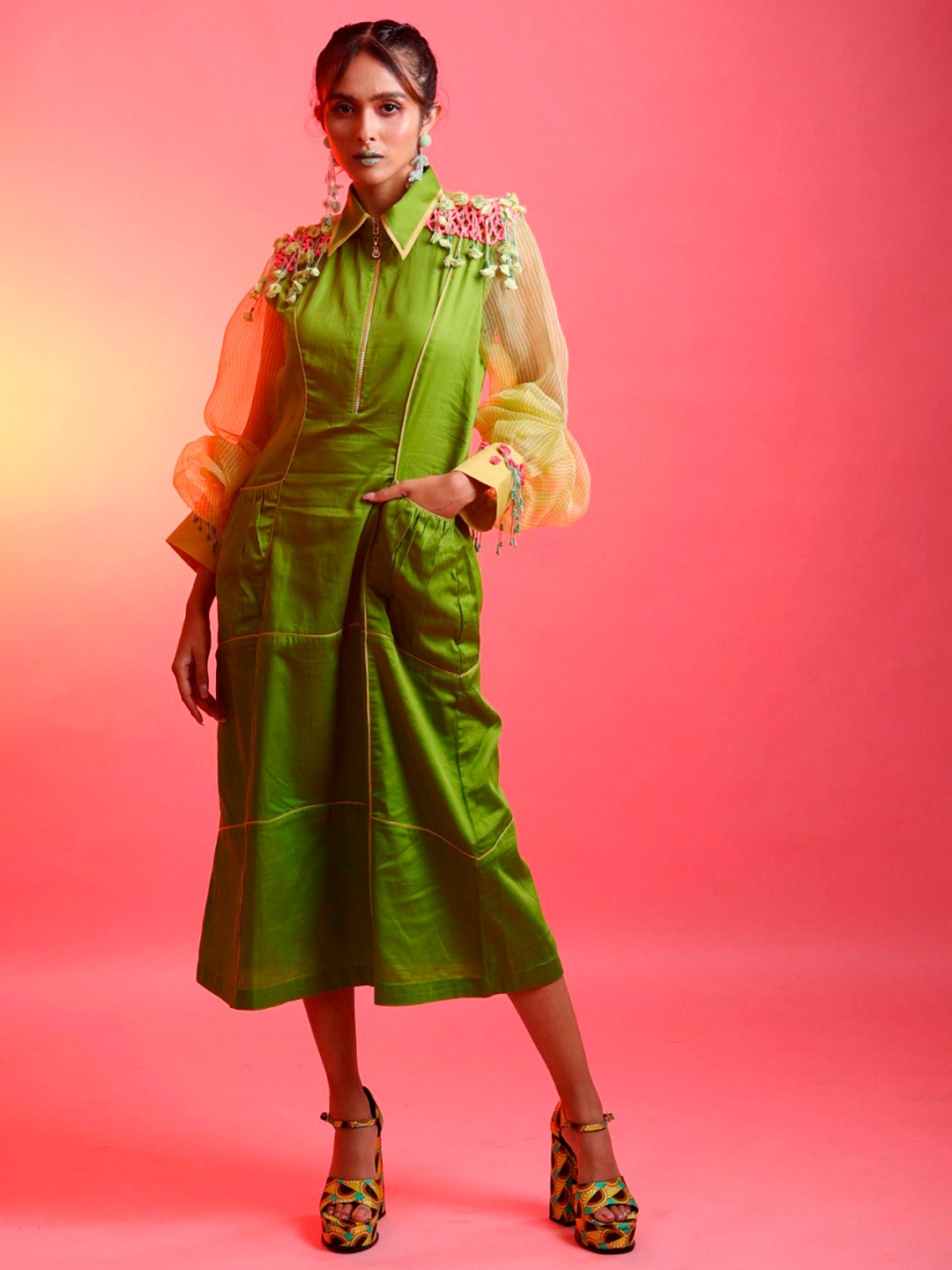 FIRKI Cuffed Sleeves Tasselled Shirt Midi Dress